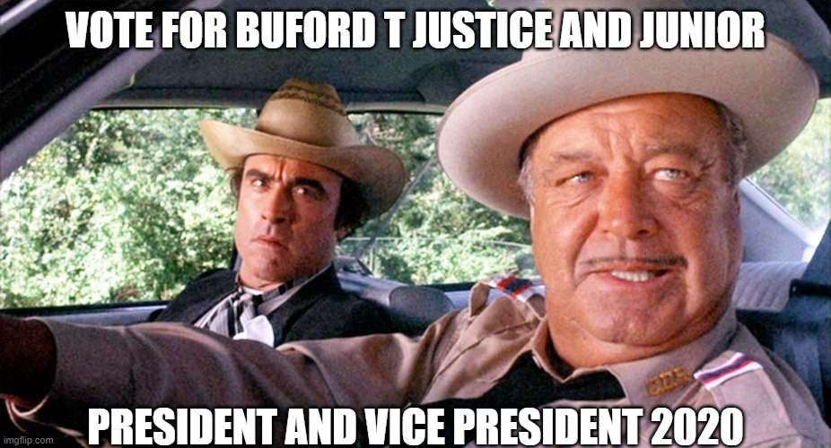Sheriff Buford T Justice | VOTE FOR BUFORD T JUSTICE AND JUNIOR; PRESIDENT AND VICE PRESIDENT 2020 | image tagged in sheriff buford t justice | made w/ Imgflip meme maker