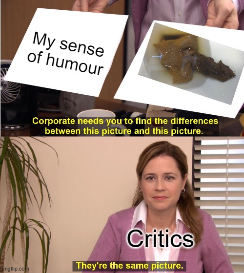 My sense of humour is shit | My sense of humour; Critics | image tagged in memes,they're the same picture,turd,funny memes | made w/ Imgflip meme maker