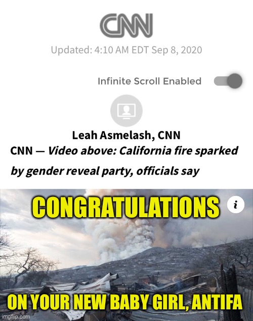 Quite Revealing I’d Say | CONGRATULATIONS; ON YOUR NEW BABY GIRL, ANTIFA | image tagged in gender reveal,california wildfire | made w/ Imgflip meme maker