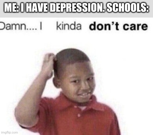 Damn...I kinda don't care | ME: I HAVE DEPRESSION. SCHOOLS: | image tagged in damn i kinda don't care,memes,school,funny | made w/ Imgflip meme maker