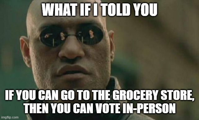 Well duh! | WHAT IF I TOLD YOU; IF YOU CAN GO TO THE GROCERY STORE,
THEN YOU CAN VOTE IN-PERSON | image tagged in memes,matrix morpheus | made w/ Imgflip meme maker