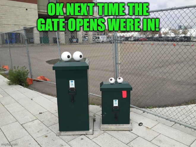break in | OK NEXT TIME THE GATE OPENS WERE IN! | image tagged in googly eyes,inanimate object | made w/ Imgflip meme maker
