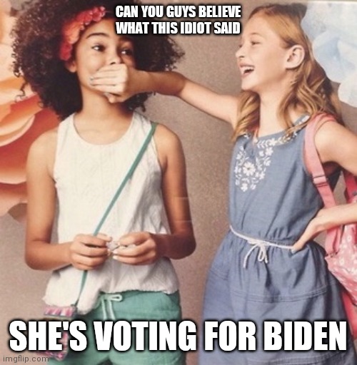 White girl silencing black girl | CAN YOU GUYS BELIEVE WHAT THIS IDIOT SAID; SHE'S VOTING FOR BIDEN | image tagged in white girl silencing black girl | made w/ Imgflip meme maker