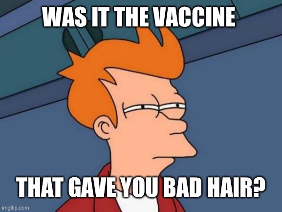 Futurama Fry Meme | WAS IT THE VACCINE THAT GAVE YOU BAD HAIR? | image tagged in memes,futurama fry | made w/ Imgflip meme maker