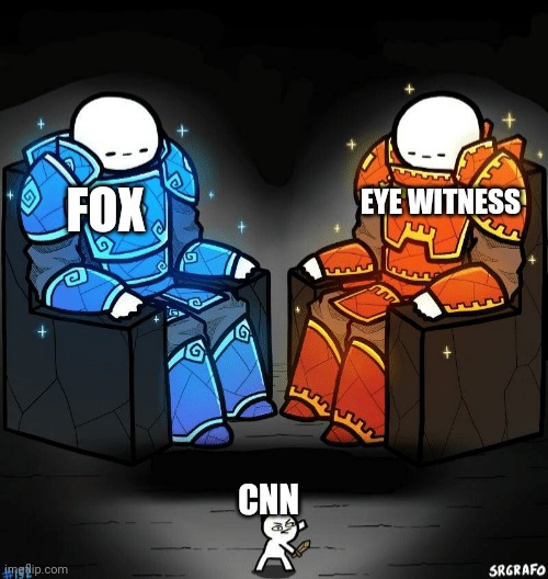 no news | FOX; EYE WITNESS; CNN | image tagged in two giants looking at a small guy | made w/ Imgflip meme maker