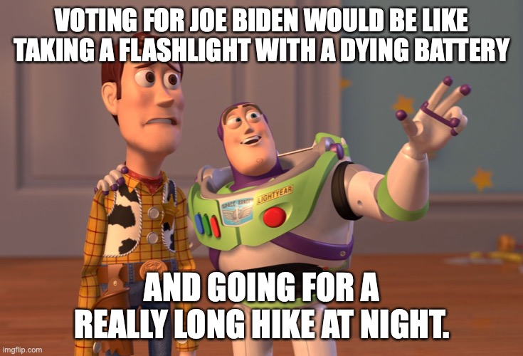 X, X Everywhere | VOTING FOR JOE BIDEN WOULD BE LIKE TAKING A FLASHLIGHT WITH A DYING BATTERY; AND GOING FOR A REALLY LONG HIKE AT NIGHT. | image tagged in memes,x x everywhere | made w/ Imgflip meme maker