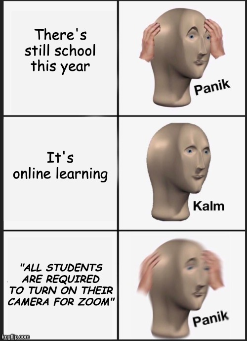 oof | There's still school this year; It's online learning; "ALL STUDENTS ARE REQUIRED TO TURN ON THEIR CAMERA FOR ZOOM" | image tagged in memes,panik kalm panik | made w/ Imgflip meme maker