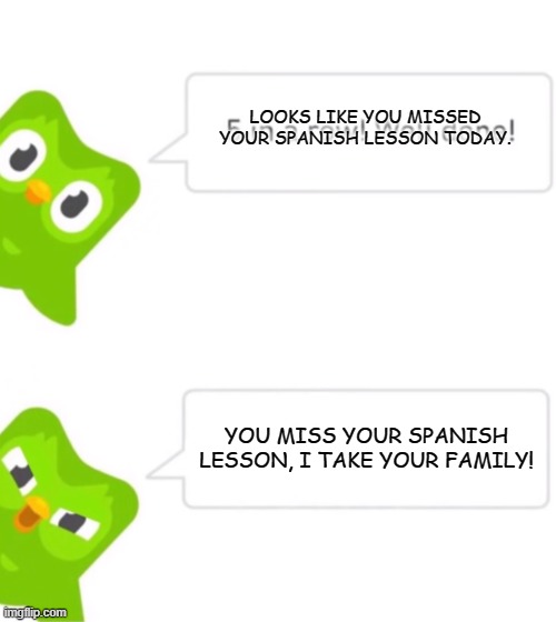 Duolingo | LOOKS LIKE YOU MISSED YOUR SPANISH LESSON TODAY. YOU MISS YOUR SPANISH LESSON, I TAKE YOUR FAMILY! | image tagged in duolingo | made w/ Imgflip meme maker