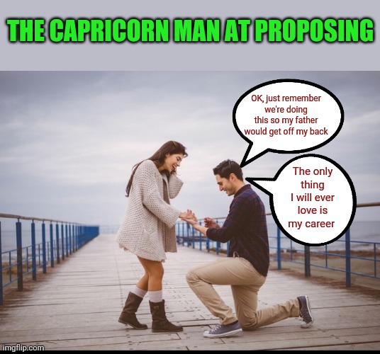 Emotionless workaholics | THE CAPRICORN MAN AT PROPOSING; OK, just remember we're doing this so my father would get off my back; The only thing I will ever love is my career | image tagged in memes,horoscope,zodiac,capricorn,proposal | made w/ Imgflip meme maker