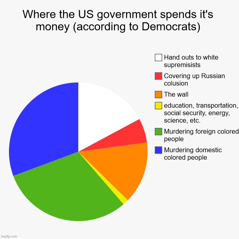 The imagination of a leftist | Where the US government spends it's money (according to Democrats) | Murdering domestic colored people, Murdering foreign colored people, ed | image tagged in charts,pie charts,budget,leftists,us government,priorities | made w/ Imgflip chart maker