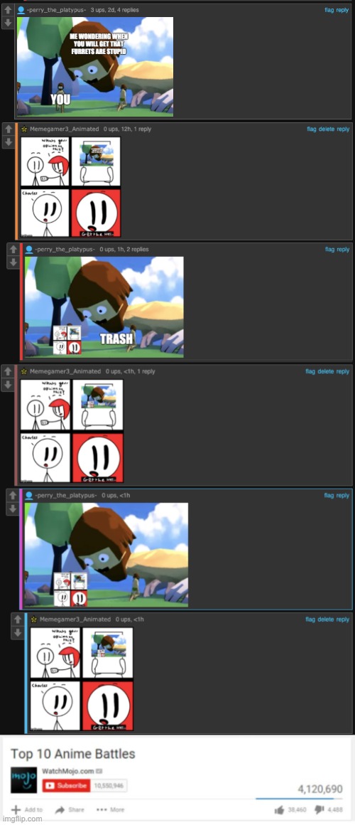 Top 10 Anime Battles | image tagged in furret,charles get the heli,fight | made w/ Imgflip meme maker