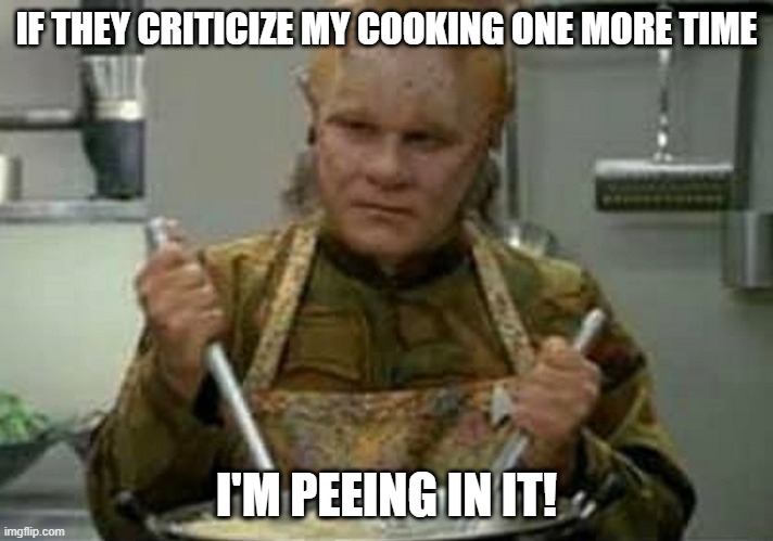 Unhappy Neelix | IF THEY CRITICIZE MY COOKING ONE MORE TIME; I'M PEEING IN IT! | image tagged in neelix angry | made w/ Imgflip meme maker