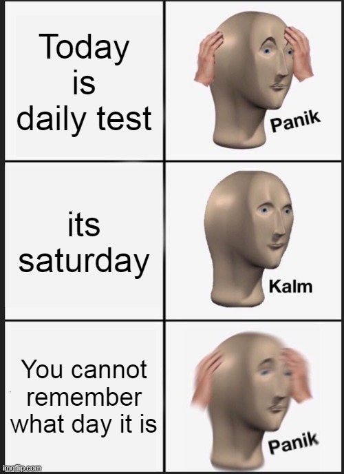 he didn't remember what day it is | Today is daily test; its saturday; You cannot remember what day it is | image tagged in memes,panik kalm panik,test | made w/ Imgflip meme maker