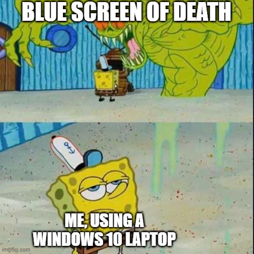 Happened during online class... | BLUE SCREEN OF DEATH; ME, USING A WINDOWS 10 LAPTOP | image tagged in spongebob scared,bsod | made w/ Imgflip meme maker