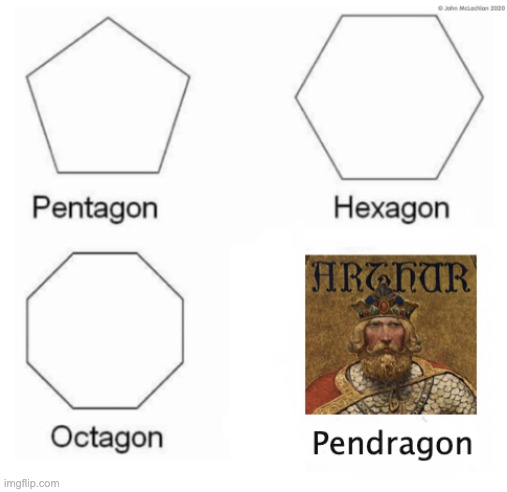 pentagon hexagon octagon pendragon | image tagged in shapes,king arthur | made w/ Imgflip meme maker