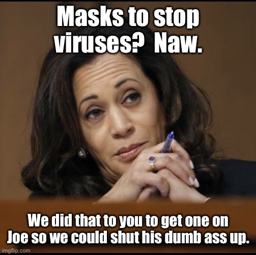 And now you know | Masks to stop viruses?  Naw. We did that to you to get one on Joe so we could shut his dumb ass up. | image tagged in kamala harris,joe biden,masks,shutting up biden,covid19 | made w/ Imgflip meme maker