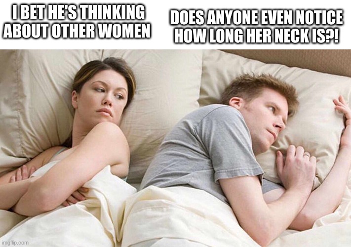 You hate this image now.. do ya? | DOES ANYONE EVEN NOTICE HOW LONG HER NECK IS?! I BET HE'S THINKING ABOUT OTHER WOMEN | image tagged in i bet he's thinking about other women | made w/ Imgflip meme maker
