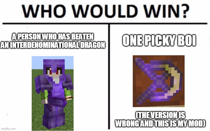 Who Would Win? | A PERSON WHO HAS BEATEN AN INTERDENOMINATIONAL DRAGON; ONE PICKY BOI; (THE VERSION IS WRONG AND THIS IS MY MOD) | image tagged in memes,who would win | made w/ Imgflip meme maker