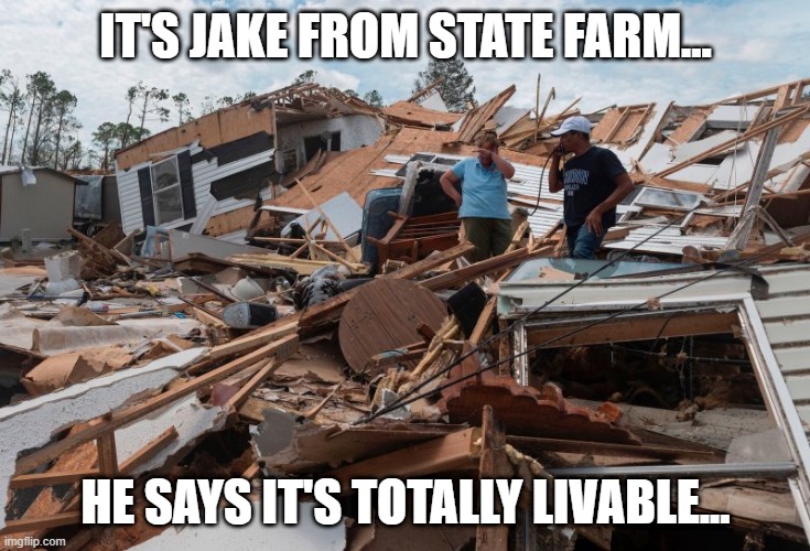 Lake Charles, Louisiana | IT'S JAKE FROM STATE FARM... HE SAYS IT'S TOTALLY LIVABLE... | image tagged in hurricane laura  lake charles,louisiana,lake charles,hurricane laura | made w/ Imgflip meme maker