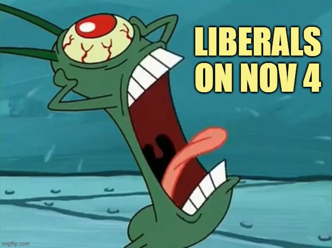 the meltdown will be EPIC | LIBERALS
ON NOV 4 | image tagged in tormented plankton,trump,maga,gop | made w/ Imgflip meme maker