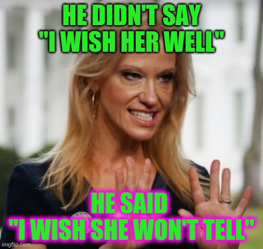 alternative facts | HE DIDN'T SAY "I WISH HER WELL"; HE SAID 
"I WISH SHE WON'T TELL" | image tagged in evil kelly ann conway | made w/ Imgflip meme maker