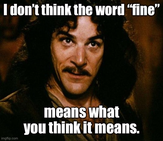 Inigo Montoya Meme | I don’t think the word “fine” means what you think it means. | image tagged in memes,inigo montoya | made w/ Imgflip meme maker