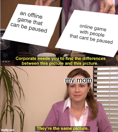 They're The Same Picture | an offline game that can be paused; online game with people that cant be paused; my mom | image tagged in memes,they're the same picture | made w/ Imgflip meme maker