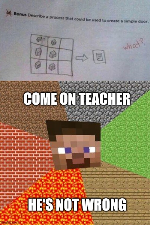 Guess teacher doesn't have the iq of the kid | COME ON TEACHER; HE'S NOT WRONG | image tagged in minecraft steve,memes,teacher | made w/ Imgflip meme maker