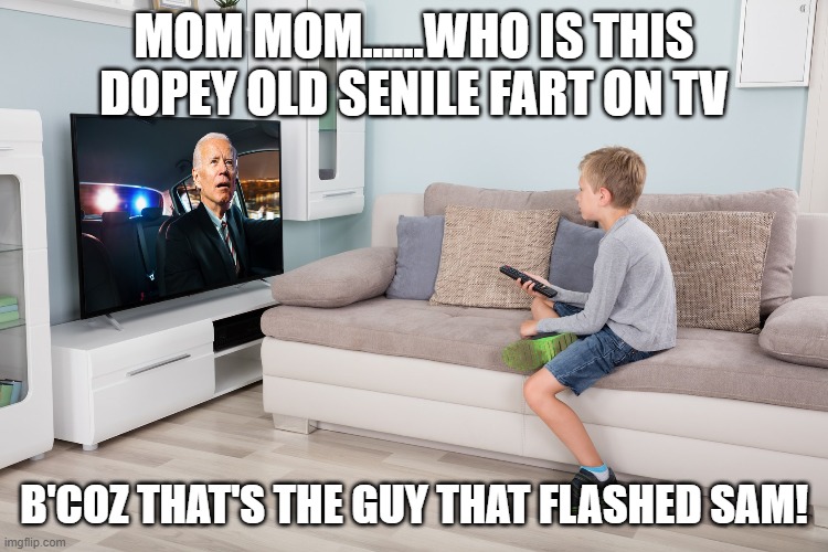 MOM MOM......WHO IS THIS DOPEY OLD SENILE FART ON TV B'COZ THAT'S THE GUY THAT FLASHED SAM! | image tagged in dopey of the democrats,bidens a liar,biden pedophile | made w/ Imgflip meme maker