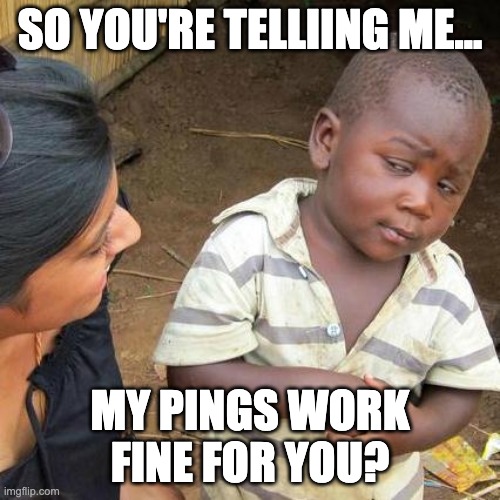 pings wfm | SO YOU'RE TELLIING ME... MY PINGS WORK FINE FOR YOU? | image tagged in memes,third world skeptical kid,networking | made w/ Imgflip meme maker