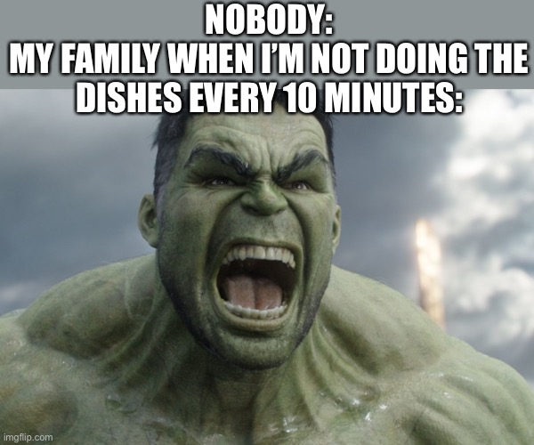 ... | NOBODY:
MY FAMILY WHEN I’M NOT DOING THE DISHES EVERY 10 MINUTES: | image tagged in raging hulk | made w/ Imgflip meme maker