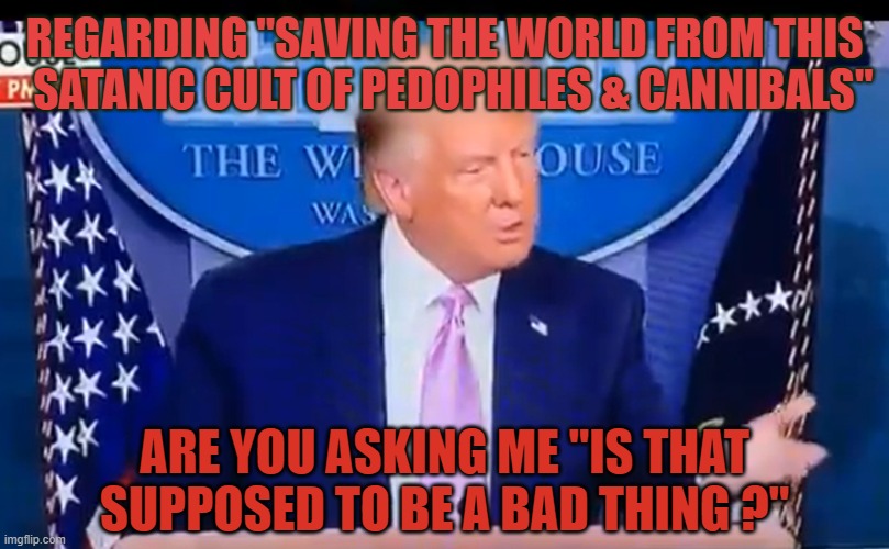 Media knows | REGARDING "SAVING THE WORLD FROM THIS   SATANIC CULT OF PEDOPHILES & CANNIBALS"; ARE YOU ASKING ME "IS THAT SUPPOSED TO BE A BAD THING ?" | image tagged in trump,president trump,trump 2020,cabal,satanic | made w/ Imgflip meme maker