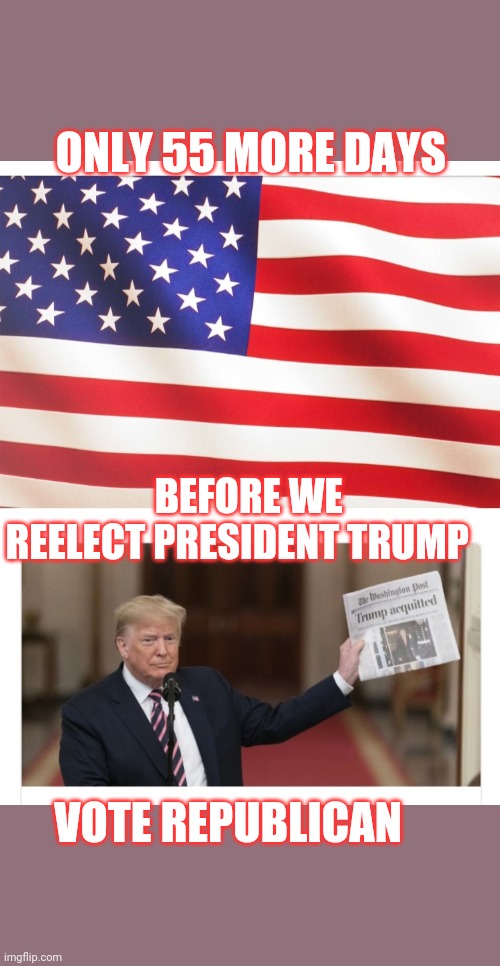 VOTE TRUMP | ONLY 55 MORE DAYS; BEFORE WE REELECT PRESIDENT TRUMP; VOTE REPUBLICAN | image tagged in trump 2020,trump president | made w/ Imgflip meme maker