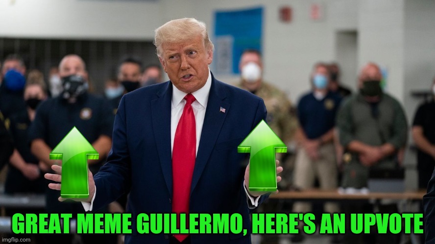 GREAT MEME GUILLERMO, HERE'S AN UPVOTE | image tagged in trump upvote | made w/ Imgflip meme maker