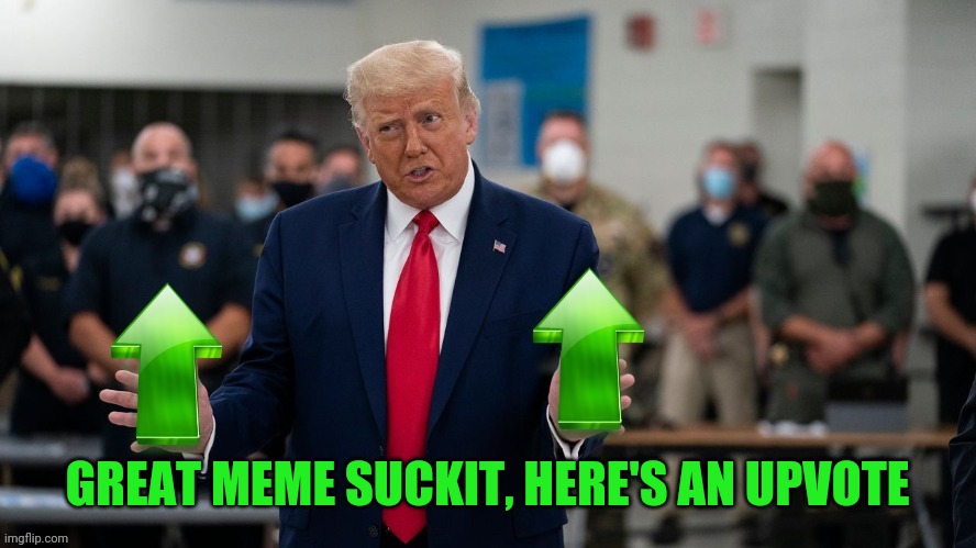 GREAT MEME SUCKIT, HERE'S AN UPVOTE | image tagged in trump upvote | made w/ Imgflip meme maker