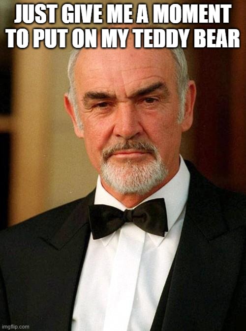 sean connery | JUST GIVE ME A MOMENT TO PUT ON MY TEDDY BEAR | image tagged in sean connery | made w/ Imgflip meme maker