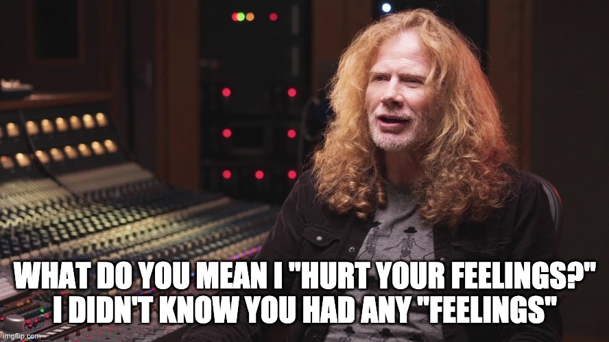 dave mustaine didn't know you had any feelings | WHAT DO YOU MEAN I "HURT YOUR FEELINGS?"
I DIDN'T KNOW YOU HAD ANY "FEELINGS" | image tagged in dave mustaine feelings,megadeth,feelings,hurt feelings | made w/ Imgflip meme maker