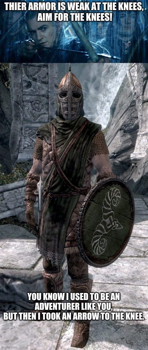 The Backstory of Every Hold Guard in Skyrim | THIER ARMOR IS WEAK AT THE KNEES,
 AIM FOR THE KNEES! YOU KNOW I USED TO BE AN ADVENTURER LIKE YOU,
BUT THEN I TOOK AN ARROW TO THE KNEE. | image tagged in skyrim guard,skyrim arrow in the knee,legendary knee archer | made w/ Imgflip meme maker