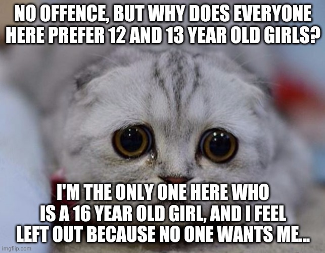 I Honestly Feel Left Out | NO OFFENCE, BUT WHY DOES EVERYONE HERE PREFER 12 AND 13 YEAR OLD GIRLS? I'M THE ONLY ONE HERE WHO IS A 16 YEAR OLD GIRL, AND I FEEL LEFT OUT BECAUSE NO ONE WANTS ME... | image tagged in sad kitty | made w/ Imgflip meme maker