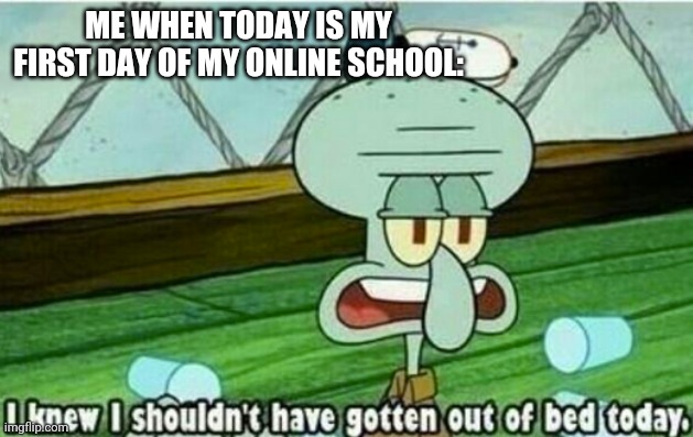 *Much Autistic Screaming Later* | ME WHEN TODAY IS MY FIRST DAY OF MY ONLINE SCHOOL: | image tagged in i knew i shouldn't have gotten out of bed today | made w/ Imgflip meme maker