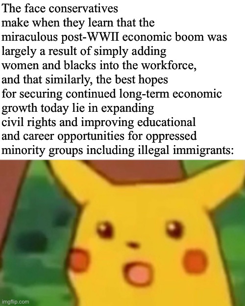 Tl;dr — More (and more-educated) workers, more growth. | The face conservatives make when they learn that the miraculous post-WWII economic boom was largely a result of simply adding women and blacks into the workforce, and that similarly, the best hopes for securing continued long-term economic growth today lie in expanding civil rights and improving educational and career opportunities for oppressed minority groups including illegal immigrants: | image tagged in memes,surprised pikachu,economy,economics,civil rights,labor | made w/ Imgflip meme maker