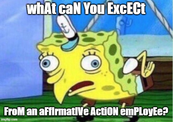 Mocking Spongebob Meme | whAt caN You ExcECt FroM an aFfIrmatIVe ActiON emPLoyEe? | image tagged in memes,mocking spongebob | made w/ Imgflip meme maker