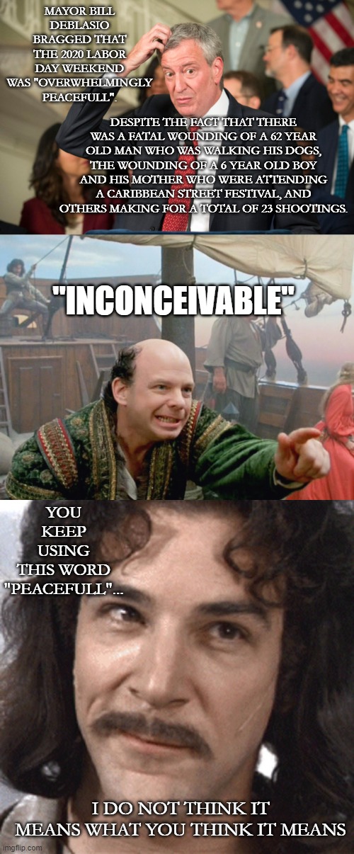 Deblasio the Inconceivable | YOU KEEP USING THIS WORD "PEACEFULL"... I DO NOT THINK IT MEANS WHAT YOU THINK IT MEANS | image tagged in princess bride | made w/ Imgflip meme maker