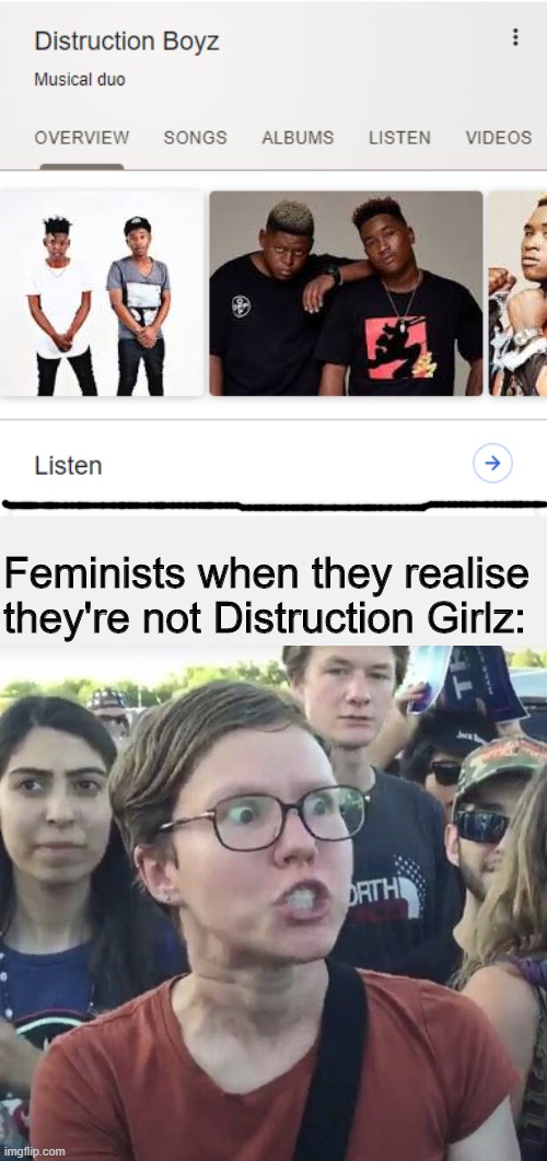 Feminists when they realise they're not Distruction Girlz: | image tagged in triggered feminist,memes | made w/ Imgflip meme maker
