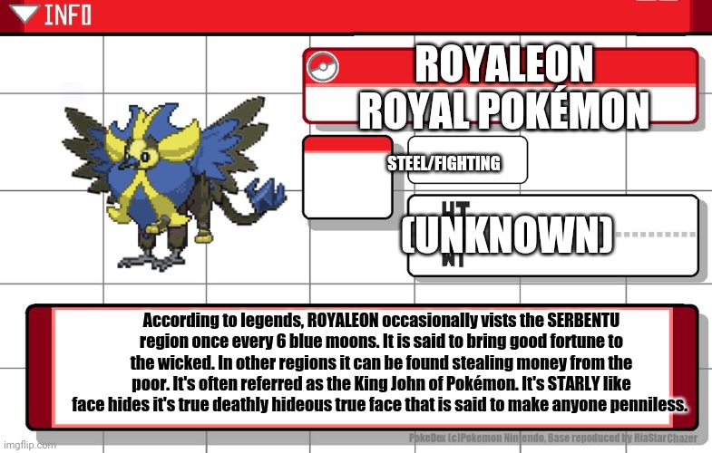 Serbentu is a fake region. I'm working on a fan game and here's an event only Pokémon. | ROYALEON
ROYAL POKÉMON; STEEL/FIGHTING; (UNKNOWN); According to legends, ROYALEON occasionally vists the SERBENTU region once every 6 blue moons. It is said to bring good fortune to the wicked. In other regions it can be found stealing money from the poor. It's often referred as the King John of Pokémon. It's STARLY like face hides it's true deathly hideous true face that is said to make anyone penniless. | image tagged in imgflip username pokedex | made w/ Imgflip meme maker