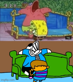 I turn a Spongebob cursed image into a FRANStastic image | image tagged in memes,funny,undertale,sans,frisk,cursed image | made w/ Imgflip meme maker
