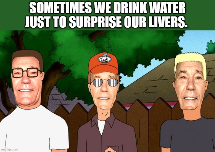 lew of the hill |  SOMETIMES WE DRINK WATER JUST TO SURPRISE OUR LIVERS. | image tagged in lew of the hill,funny,kewlew | made w/ Imgflip meme maker