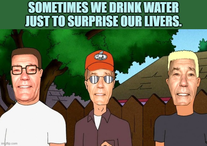 lew of the hill | SOMETIMES WE DRINK WATER JUST TO SURPRISE OUR LIVERS. | image tagged in lew of the hill,joke,kewlew | made w/ Imgflip meme maker