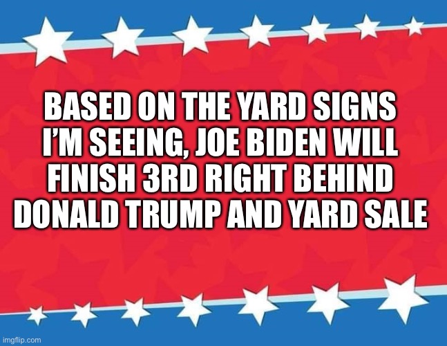 Yard Sale by a landslide | BASED ON THE YARD SIGNS
I’M SEEING, JOE BIDEN WILL
FINISH 3RD RIGHT BEHIND
DONALD TRUMP AND YARD SALE | image tagged in yard sign,winner,joe biden,donald trump,yard sale,memes | made w/ Imgflip meme maker