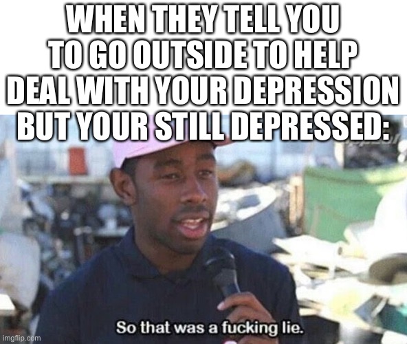 So that was a lie | WHEN THEY TELL YOU TO GO OUTSIDE TO HELP DEAL WITH YOUR DEPRESSION BUT YOUR STILL DEPRESSED: | image tagged in so that was a lie | made w/ Imgflip meme maker